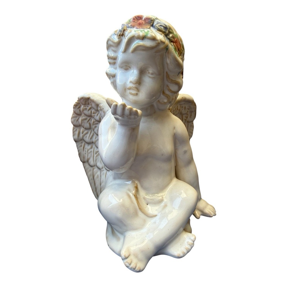Vintage Ceramic Cherub Figurine Angel Flower Crown Blowing Kiss